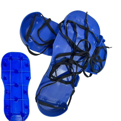 Heavy Duty Adjustable Lawn Aerator Shoes With Spike Soles For No Fuss Lawn Care in blue plastic with black laces
