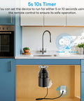 No Fuss Wireless Sink Top Garbage Disposal Switch Kit installed under kitchen sink with 5s 10s timer feature visible