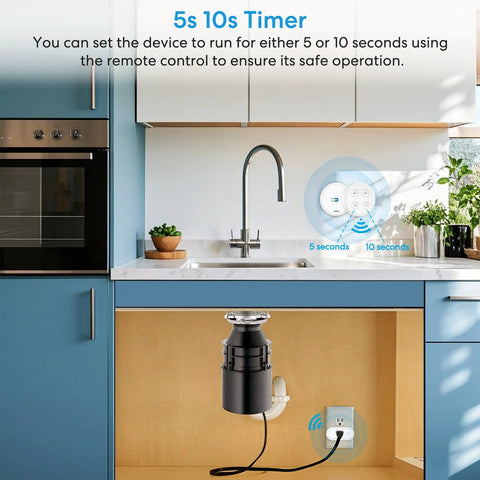 No Fuss Wireless Sink Top Garbage Disposal Switch Kit installed under kitchen sink with 5s 10s timer feature visible