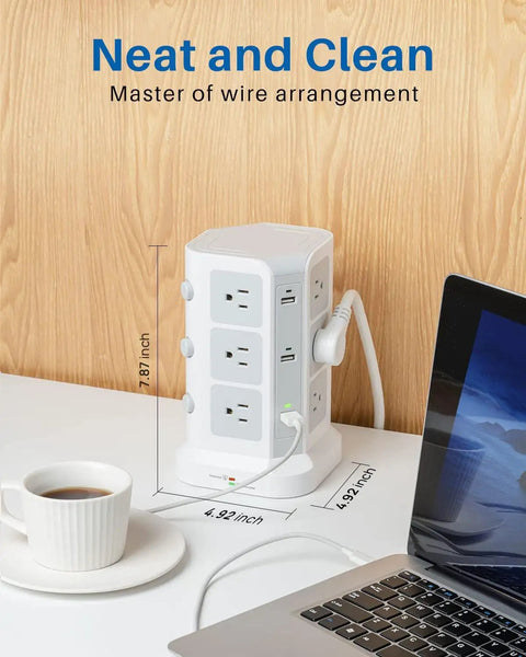 18 In 1 Power Strip Tower With 12 AC Outlets And 6 USB Ports Flat Plug 14 AWG Heavy Duty Extension Cord on desk