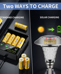 Two ways to charge 18500 3.2V LiFePO4 rechargeable batteries with smart 4 slot charger and solar panel for outdoor lights.