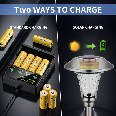 Two ways to charge 18500 3.2V LiFePO4 rechargeable batteries with smart 4 slot charger and solar panel for outdoor lights.
