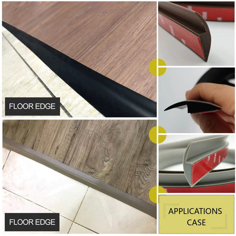 6.56 Ft PVC Carpet And Floor Edging Trim Strip Self Adhesive Threshold Transition For Low Profile Floors And Carpets Yellow Oak Finish shown in various applications.