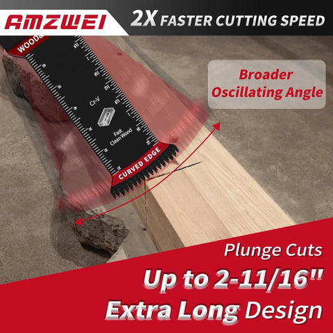 Extended Reach Titanium Oscillating Tool Blades For Metal And Wood Cutting With 70 Mm Deep Plunge Design Heavy Duty Multi Tool Accessories For Tight Squeeze Projects That Will Nail It Without Breaking A Sweat showing curved edge for plunge cuts up to 2-11/16 inches.