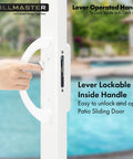Person using Budget Friendly Sliding Glass Door Handle Set With Mortise Lock And Key Cylinder For Replacement Fits 3-15/16 Inch Screw Hole Spacing Reversible Patio Door Hardware Die Cast White Finish, showing lever lockable feature, background with pool view.