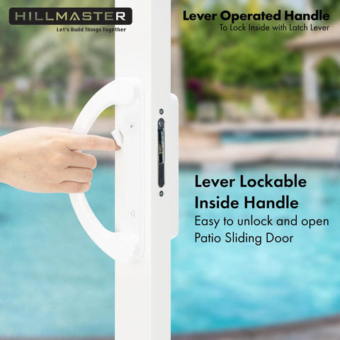 Person using Budget Friendly Sliding Glass Door Handle Set With Mortise Lock And Key Cylinder For Replacement Fits 3-15/16 Inch Screw Hole Spacing Reversible Patio Door Hardware Die Cast White Finish, showing lever lockable feature, background with pool view.
