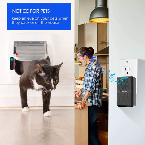 Wireless Door Chime Kit With 600 Ft Range 5 Adjustable Volume Levels 2 Magnetic Door Sensors 1 Plug In Doorbell Receiver 62 Ringtones With Smart Memory Mute Mode in home setting with pet caution notice and receiver in use.