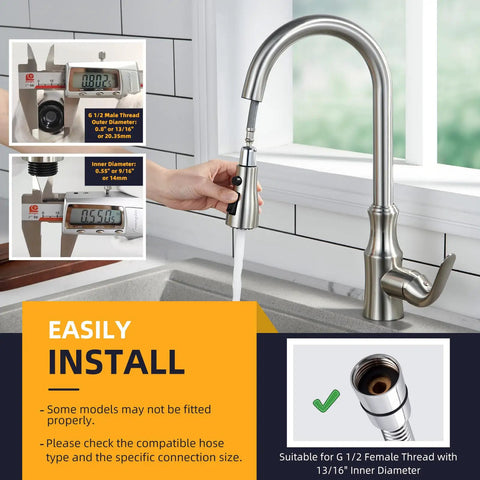 Image of a Kitchen Faucet Head Replacement with G 1/2 Inch Male Thread Connector, shown installed, NSF Certified.