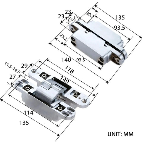 Built Tough Zinc Alloy Hidden Hinges For Furniture Pair Slick Invisible Concealed Folding Counter Door Right Side 23 X 95mm mounted with dimensions shown