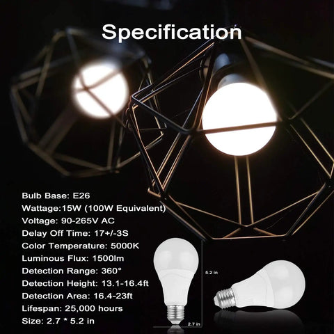 Radar Motion Sensor Light Bulb 2 Pack A21 15W 100W Equivalent 1500LM E26 Dusk To Dawn LED Bulbs Outdoor Lighting specs