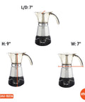 Heavy Duty Cast Aluminum Electric Espresso Maker Brews Three Or Six Cups shown from three angles with 7" width and 9" height.