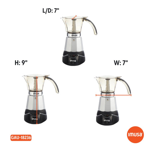 Heavy Duty Cast Aluminum Electric Espresso Maker Brews Three Or Six Cups shown from three angles with 7" width and 9" height.
