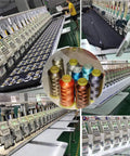 Custom Embroidery Patches To Flex Your Fresh Fits On Caps Jackets Backpacks And Tactical Uniforms With Dependable Iron Or Sew On Hook And Loop Fasteners in a manufacturing setup with embroidery machines and colorful thread spools.