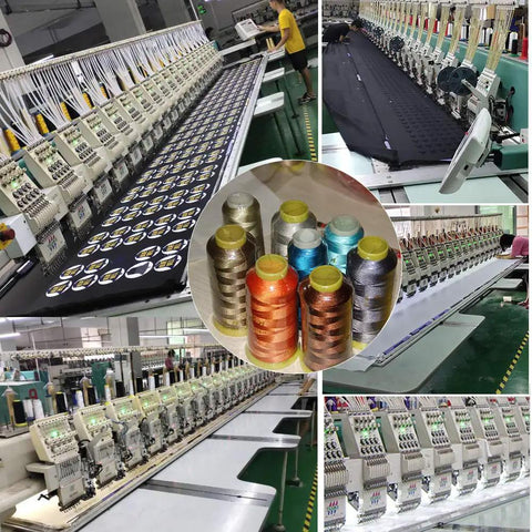 Custom Embroidery Patches To Flex Your Fresh Fits On Caps Jackets Backpacks And Tactical Uniforms With Dependable Iron Or Sew On Hook And Loop Fasteners in a manufacturing setup with embroidery machines and colorful thread spools.