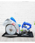 Slick Portable Mini Table Saw With Dustless Design And Hella Compact Electric Circular Saw showing compact design and angled blade.