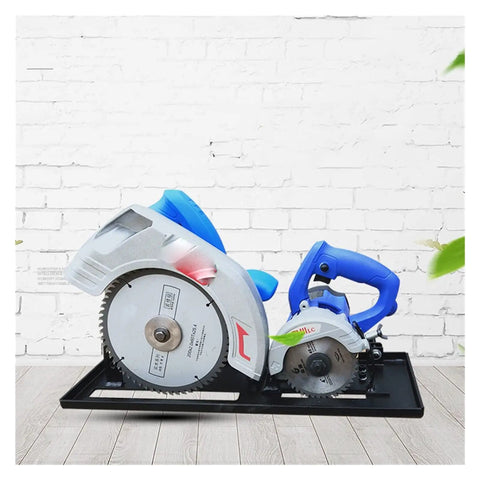 Slick Portable Mini Table Saw With Dustless Design And Hella Compact Electric Circular Saw showing compact design and angled blade.