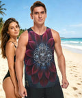Dope Mens Sleeveless Fitness Vest With Hidden Stash Pocket And Retro Clockwork Graphic, worn by man at beach, lightweight mesh.