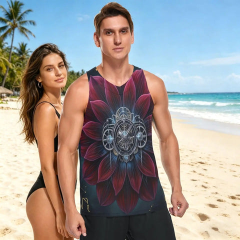 Dope Mens Sleeveless Fitness Vest With Hidden Stash Pocket And Retro Clockwork Graphic, worn by man at beach, lightweight mesh.