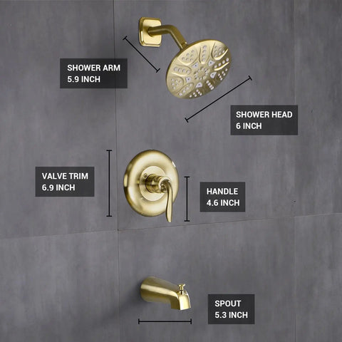 Brushed Gold Tub And Shower Faucet Set With Pressure Balancing Valve And Trim Included 5 Sprays Shower Head And Concealed Rough In Tub Spout