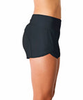 Side view of Ultra Lightweight Women's 3 Inch Running Shorts with Mesh Liner, zip pocket, WOD volleyball style, spandex blend.