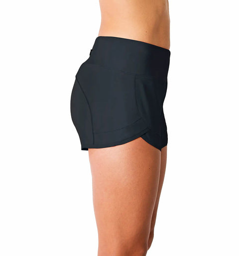 Side view of Ultra Lightweight Women's 3 Inch Running Shorts with Mesh Liner, zip pocket, WOD volleyball style, spandex blend.
