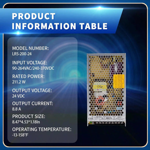 Rugged 200W 24V 8.8A Industrial Enclosed AC DC Power Supply With Fanless Metal Case High Efficiency Up To Eighty Nine Point Five Percent Operating Range Minus Twenty Five Celsius To Plus Seventy Celsius Five G Vibration Resistance. product information table with LRS-200-24 power supply
