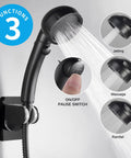 Drill Free High Pressure Handheld Shower Head With On Off Pause Switch Three Spray Modes Water Saving Shower Head Detachable Pet Shower Kit Includes Hose And Bracket displaying jetting, massage, and rainfall functions