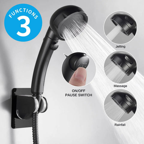 Drill Free High Pressure Handheld Shower Head With On Off Pause Switch Three Spray Modes Water Saving Shower Head Detachable Pet Shower Kit Includes Hose And Bracket displaying jetting, massage, and rainfall functions