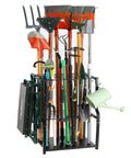 Heavy Duty Free Standing Garden Tool Organizer Rack For Garage Corner Storage And Shed Organization with tools displayed.