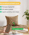 Custom leopard print cushion cover with phone displaying matching pattern, showcasing personalized printed covers with design options.