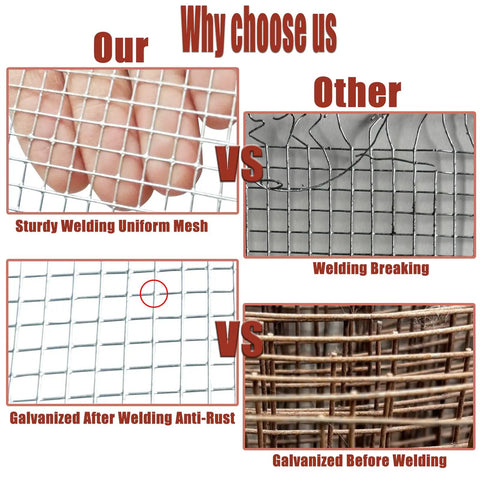 Comparison of heavy duty galvanized welded wire mesh roll vs other mesh showing sturdy welding and anti-rust features.