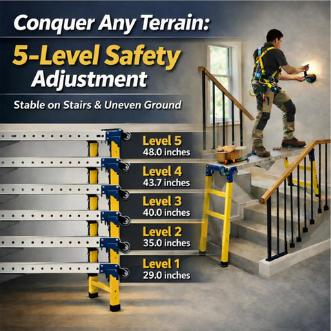 Rugged Alloy Steel Folding Welding Table With Four Thousand Pounds Capacity Smooth Rolling Three Sixty Degree Casters shown with height adjustments.