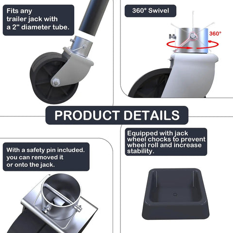 6 Inch Trailer Jack Wheel Replacement With Wheel Chock, 2000 Lb Dual Swivel Caster Wheel And Safety Pin, product features