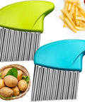 2-pack stainless steel crinkle cutters with green and blue handles; front view for potatoes, carrots, cheese