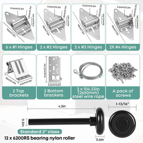 Components of Quiet Full Wrap Nylon Garage Door Roller Kit With Hinges Top And Bottom Brackets Wire Rope And 2 Inch Rollers