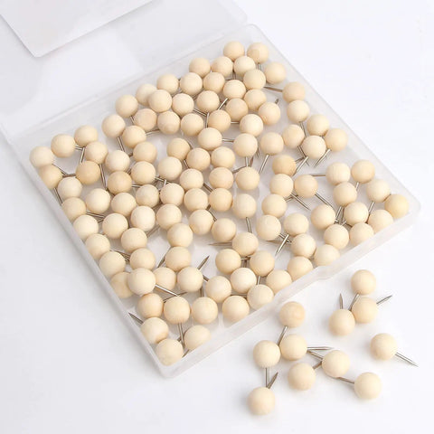 Top Shelf Wooden Push Pins, 120 Pack Of Straightforward Thumb Tacks For Corkboards And Bulletin Boards in a clear box.