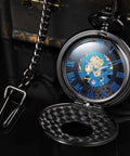 Skeleton Pocket Watch With Mechanical Movement And Double Cover Roman Numeral Dial Standable Half Hunter Photo Insert Vintage Smart Style For Men And Women Box And Chain Included displayed open with blue dial and chain