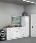 36 Inch White Corner Kitchen Cabinet With Dual Lazy Susan Spin Shelves And Smooth Operator Soft Close Doors in a garage setting.