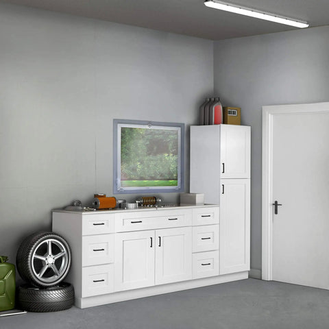 36 Inch White Corner Kitchen Cabinet With Dual Lazy Susan Spin Shelves And Smooth Operator Soft Close Doors in a garage setting.