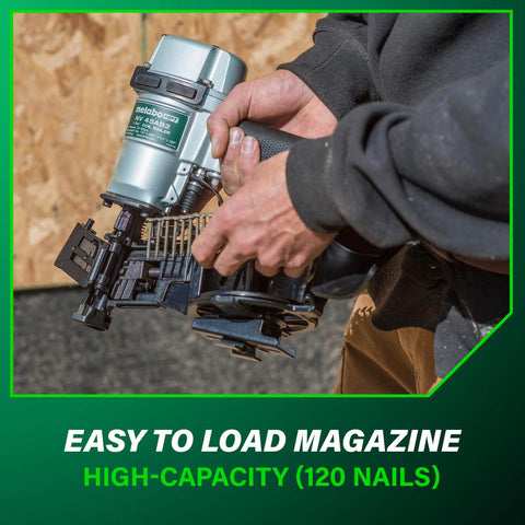 Person holding Pro-Grade Pneumatic Roofing Nailer For Asphalt Shingles assembled with visible magazine for 120 nails