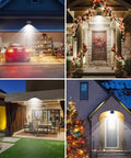 Collage of 10 Pack Outdoor Solar Lights With 100 LED Motion Sensor, illuminating garage, decorated porch, patio, and front door.