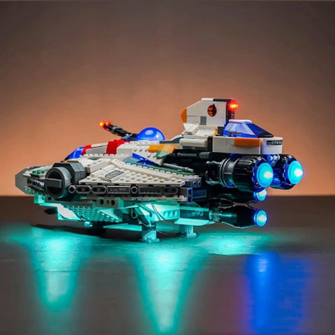 LED Lighting Kit for 75357 Airship Model, USB Powered Copper Wire Light System, brightly illuminating a Lego airship on a surface.