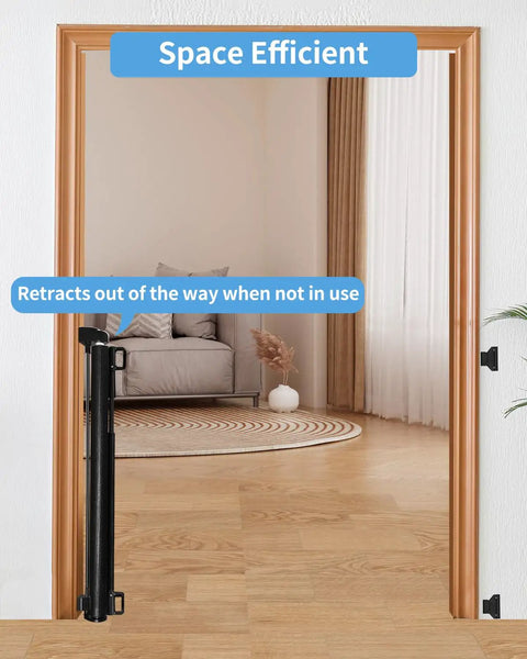Retractable Baby Gate for Stairs and Doorways, 33 Inch High Expands to 55 Inch Wide, Kid Safe, Pet Friendly, black mesh retracted