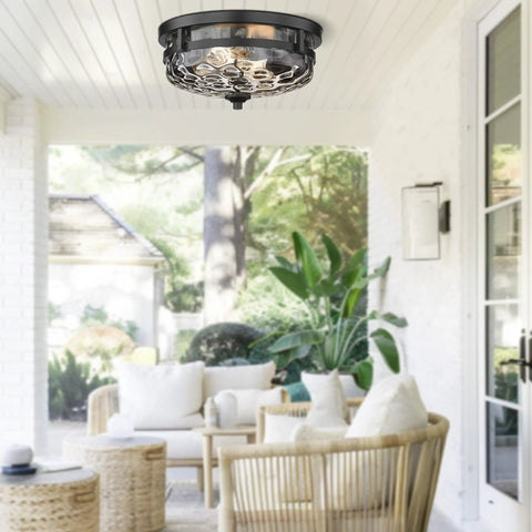 2 Light Farmhouse Flush Mount Ceiling Light Black With Hammered Glass Industrial Close To Ceiling Fixture installed outdoors
