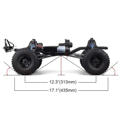 Fully Assembled RC Chassis With Wheels For 1/10 Crawler SCX10 II 90046 90047 Upgrade Kit, side view, with measurements.