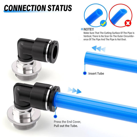Diagram showing Male Elbow Push To Connect Fittings For Pneumatic Systems, 8mm Tube OD x 3/8 Inch BSP connected to blue tubing.