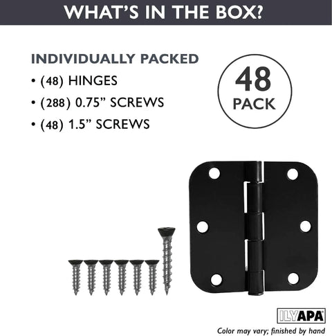 Heavy Duty Matte Black Interior Door Hinges Set Of 48 with screws for 3.5x3.5 inch doors with 5/8 inch radius corners