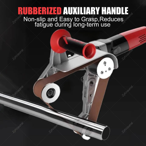 Xoiasth 1100W Metal Tube Belt Sander Steel Pipe Polisher auxiliary handle highlighting rubberized grip for comfort during use.