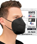 Man wearing a KN95 Face Mask Made In USA 20 Pack Breathable Disposable Protective Mask With Ear Loops FDA Registered PM25 Dust Pollen Haze