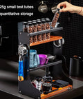 Heavy Duty Wall Mount Coffee Bean Storage Tower Three Tier Wooden Espresso Tool Rack with test tubes holding coffee beans.